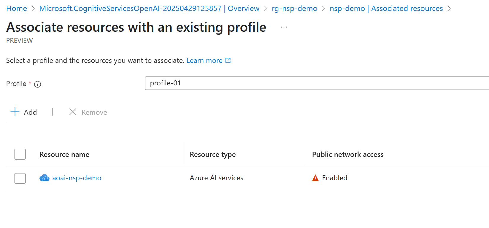 A screenshot showing the screen for associating resources with a profile.
