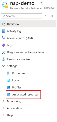 A screenshot showing the associated resources selection in the left navigation menu.