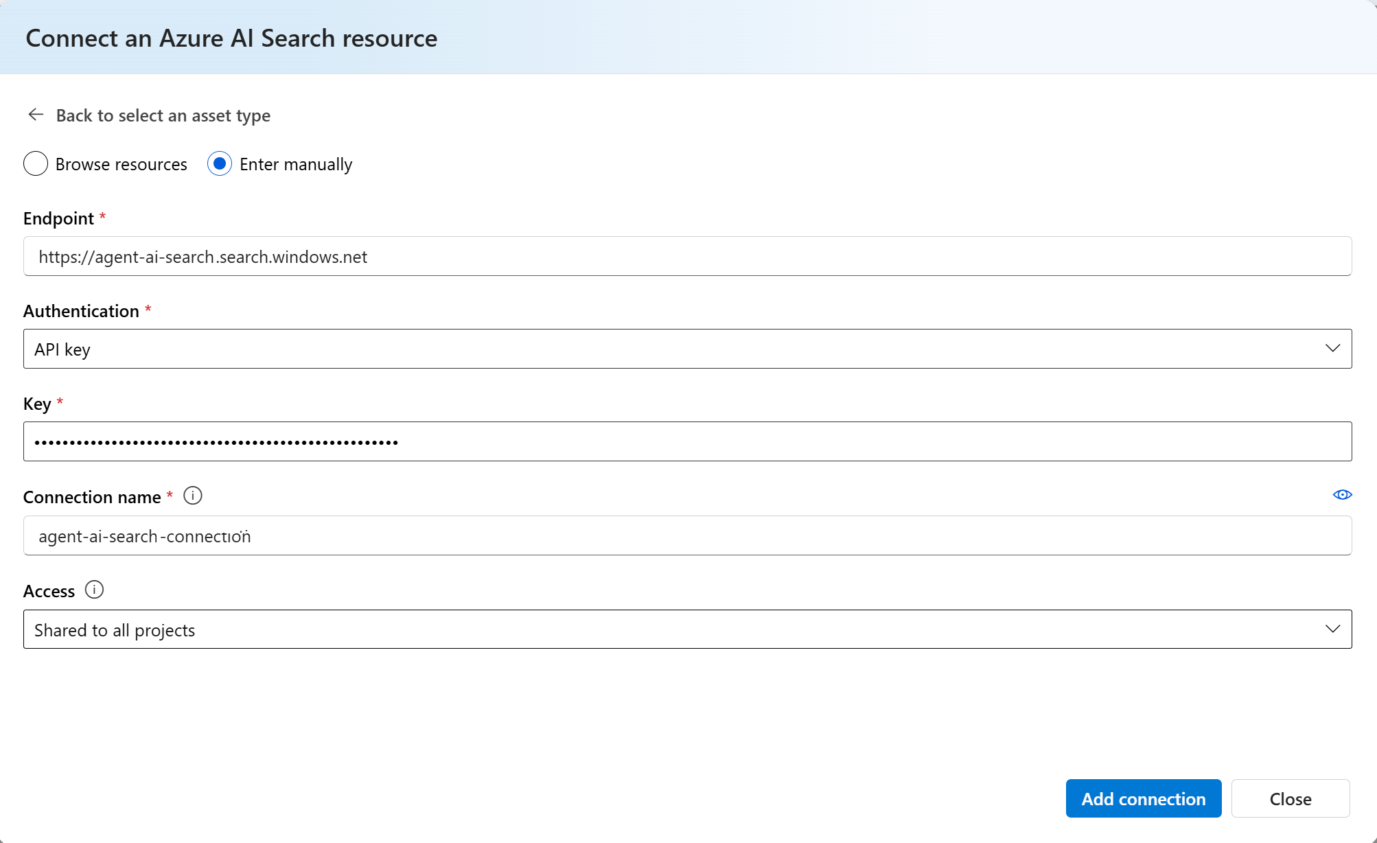 A screenshot the required fields to add a new Azure AI Search connection.
