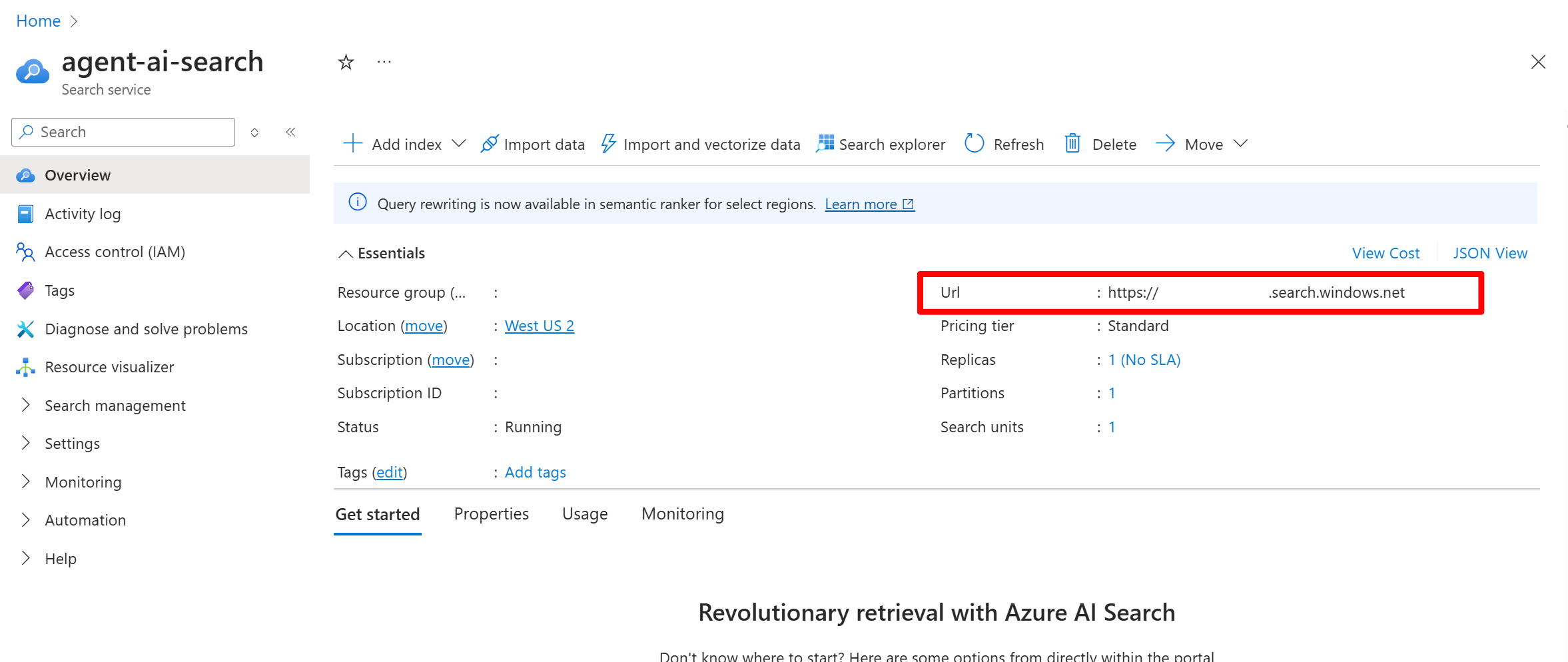 A screenshot of an AI Search resource Overview tab in the Azure portal.