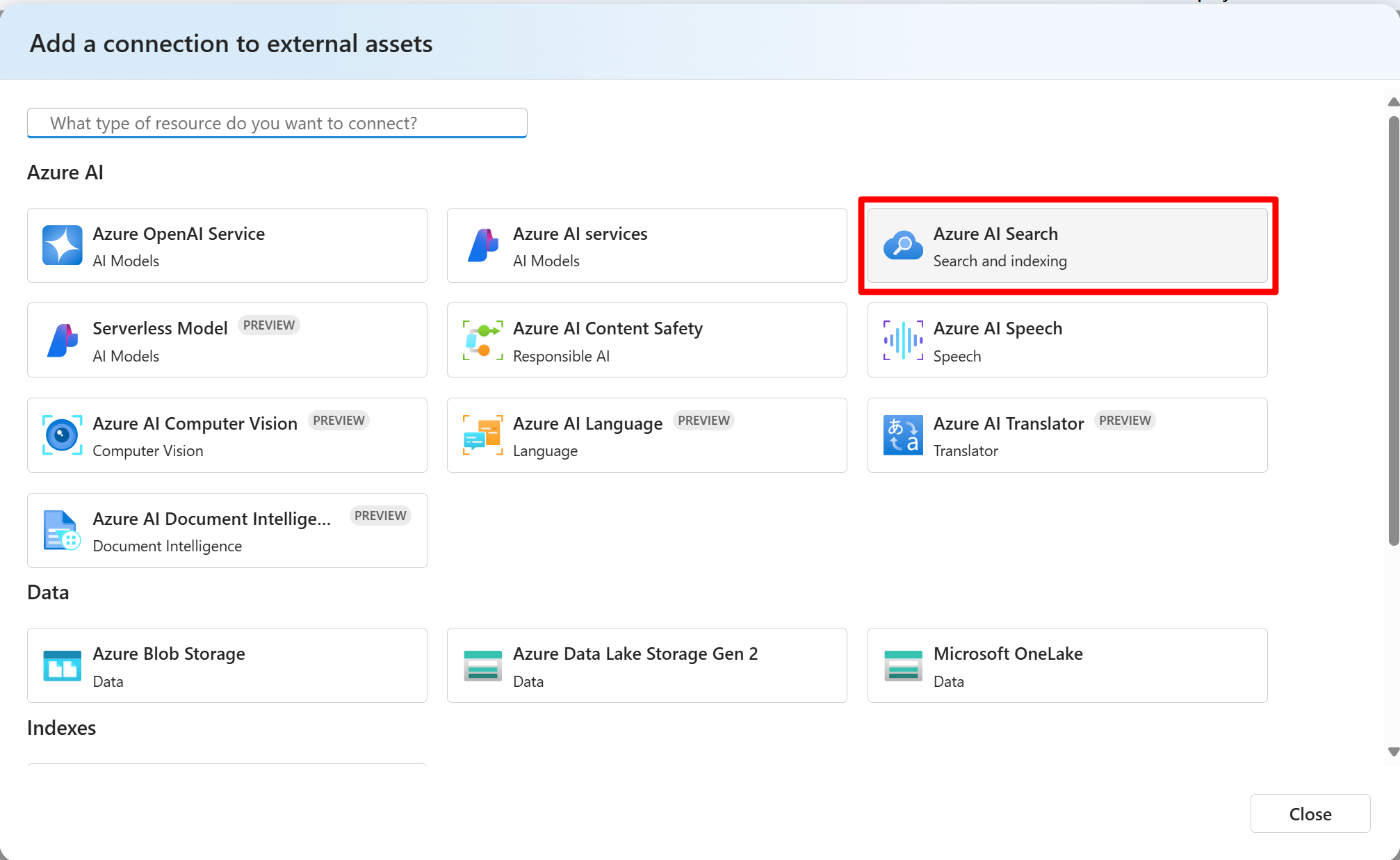 A screenshot of the Azure AI Search connection type the user should select.