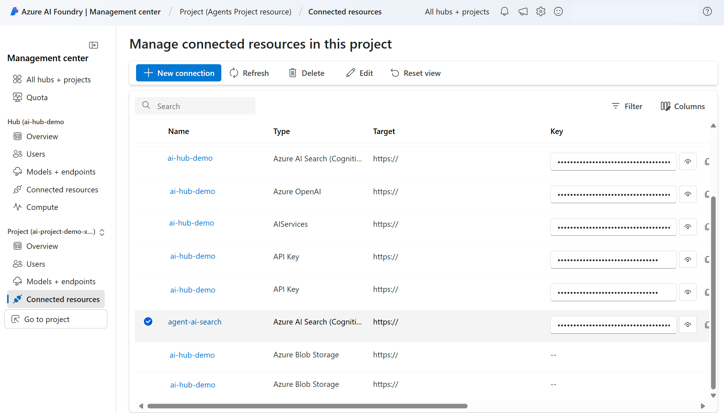A screenshot of the project connections page with a new Azure AI Search connection added.