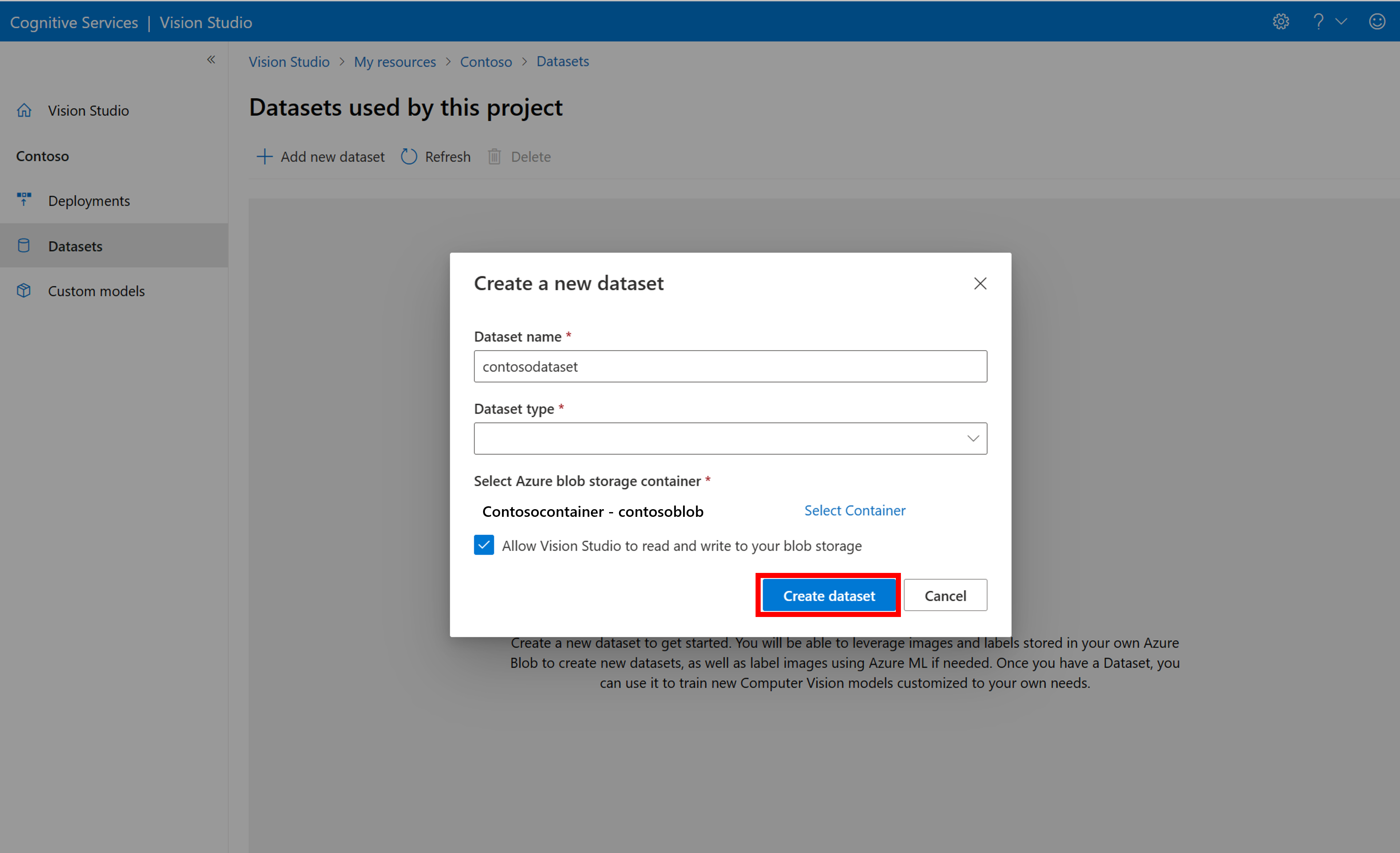 Screenshot of dialog box to Create new dataset.