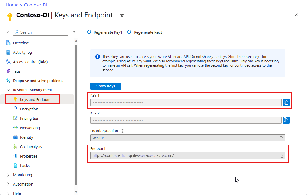 Screenshot that shows the keys and endpoint ___location in the Azure portal.