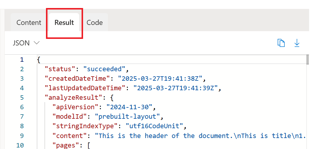 Screenshot of results JSON output tab in the Document Intelligence Studio.