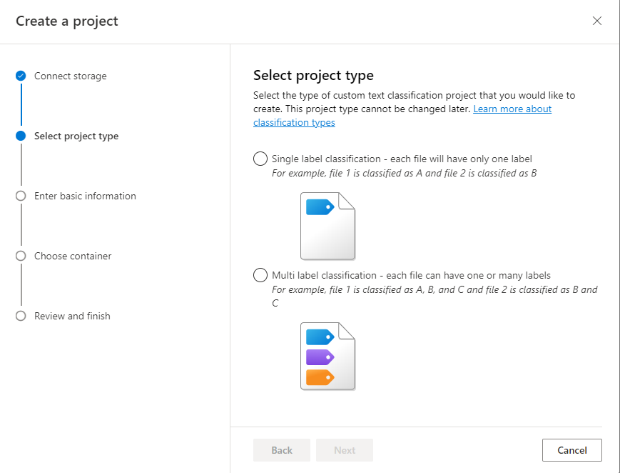 A screenshot of the available custom classification project types.
