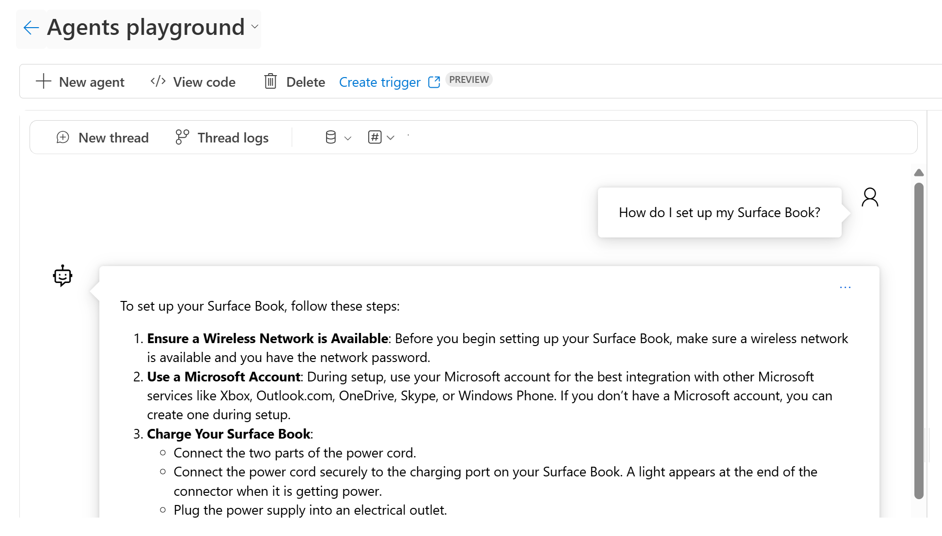 Screenshot of the agents playground in Foundry.