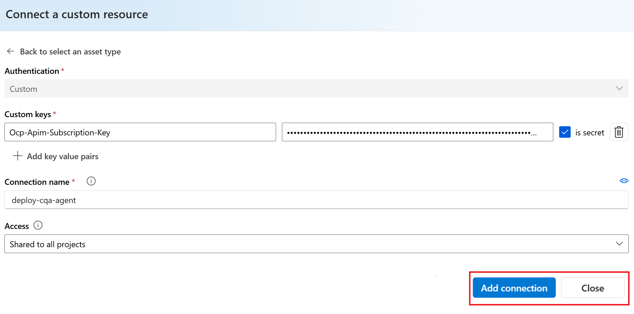 Screenshot of the connect a custom resource window in the Foundry.