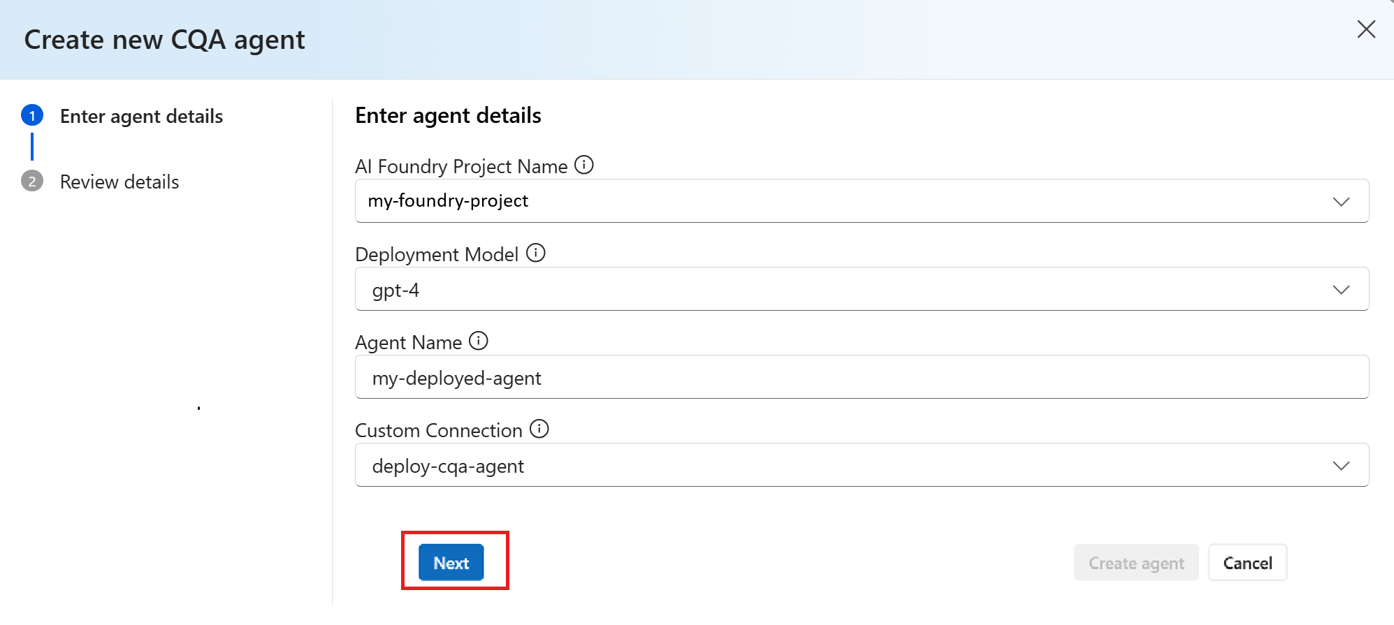 Screenshot of create CQA agent window in Foundry.