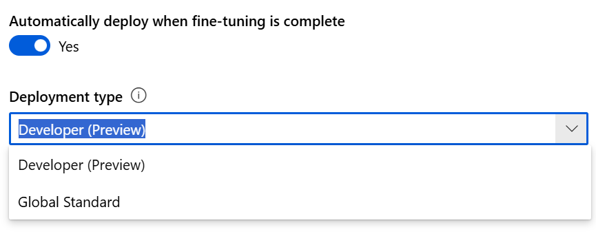 Screenshot of the auto-deployment toggle in the Create custom model wizard in Azure AI Foundry portal.