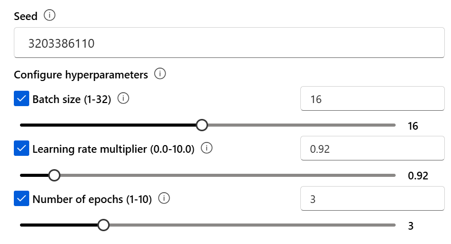 Close up screenshot of the parameters section of the Create custom model wizard in Azure AI Foundry portal.
