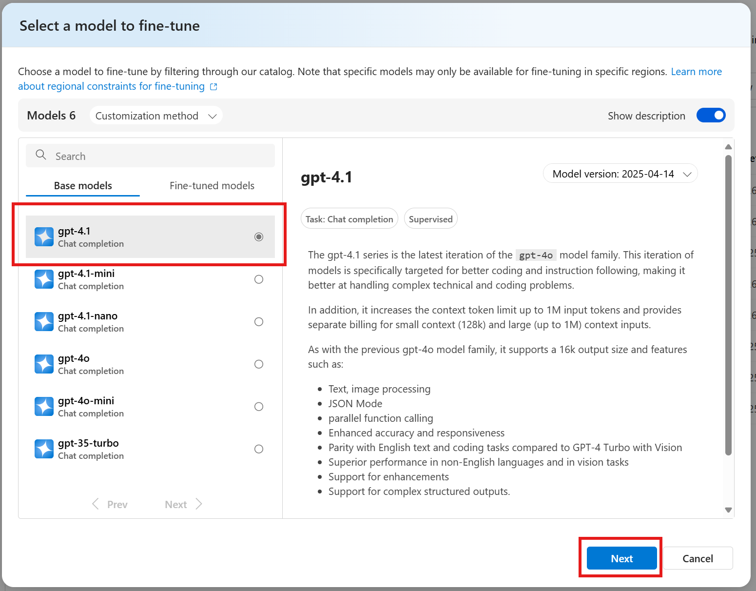Screenshot of the model selection dialog in Azure AI Foundry portal.