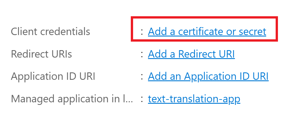 Screenshot of add secret link in the Azure portal.
