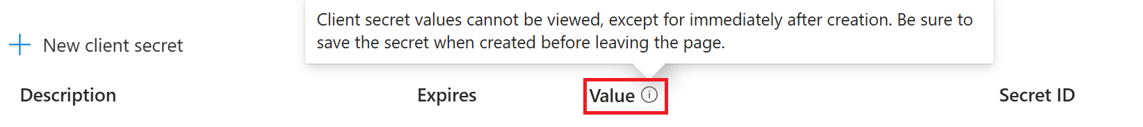 Screenshot of the client secret value ___location for a registered application in the Azure portal.