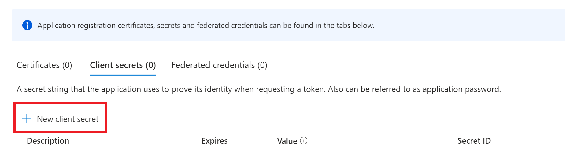 Screenshot of new client secret button in the Azure portal.