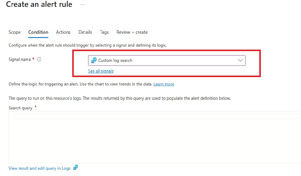 Screenshot that shows the custom log search in the alert rule pane.