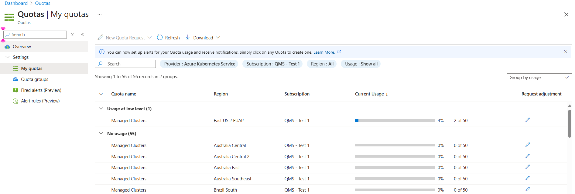 Screenshot of the Azure portal Quotas page.