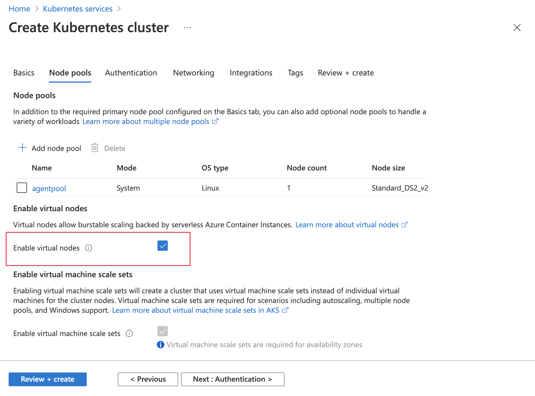 Screenshot that shows creating a cluster with virtual nodes enabled on the Azure portal. The option 'Enable virtual nodes' is highlighted.