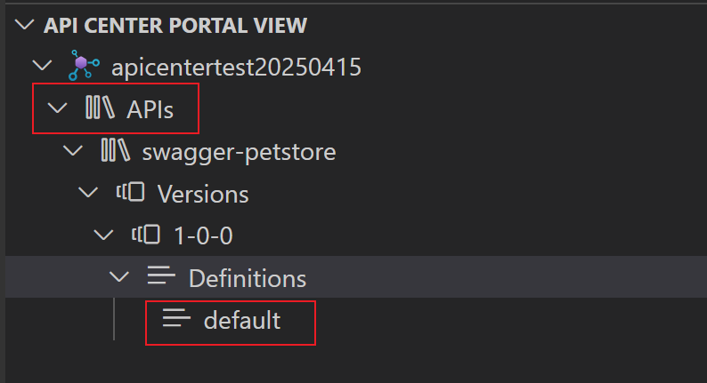 Screenshot of the API Center API definitions in API Center extension.