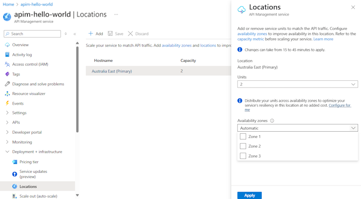 Screenshot that shows availability zone configuration for an existing ___location of API Management instance that's not injected in a virtual network.