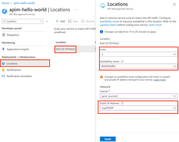 Screenshot that shows availability zone configuration for an existing ___location of API Management instance that's injected in a virtual network.