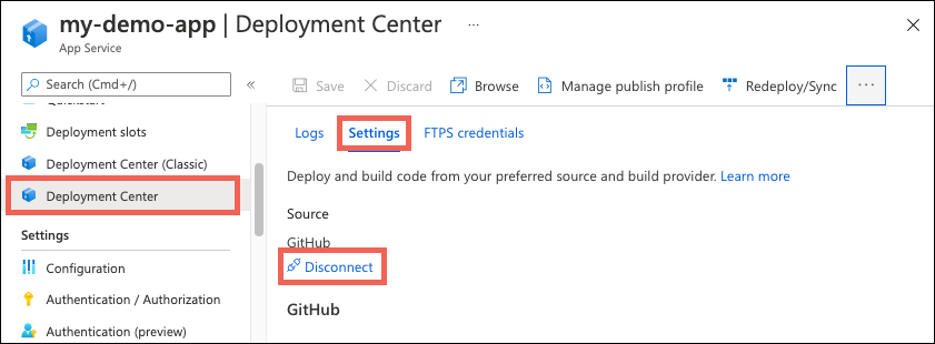 Screenshot that shows you how to disconnect your cloud folder sync with your App Service app in the Azure portal.