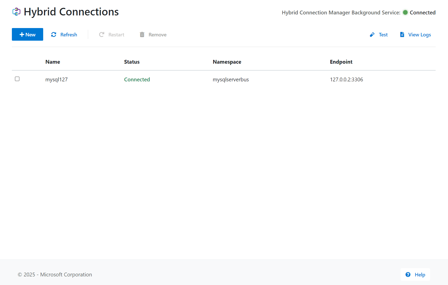 Screenshot of connections in Hybrid Connection Manager.