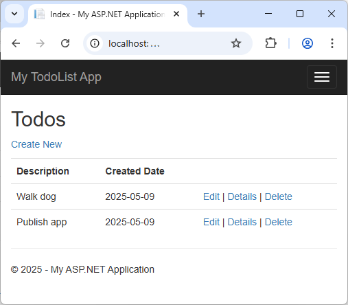 Screenshot that shows the ASP.NET web app.