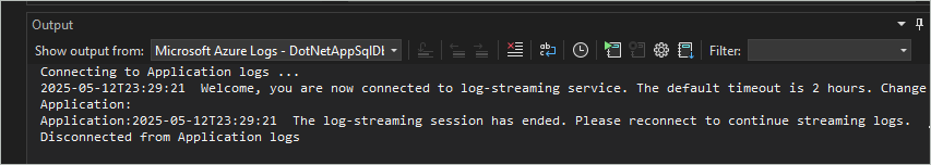 Screenshot that shows Log streaming in the Output window.