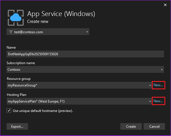 Screenshot that shows creating an App Service plan.