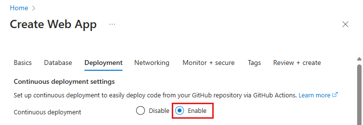 Screenshot that shows how to enable GitHub Actions deployment in the App Service Deployment tab.