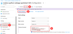 A screenshot of the ___location in the Azure portal where to configure the startup command.