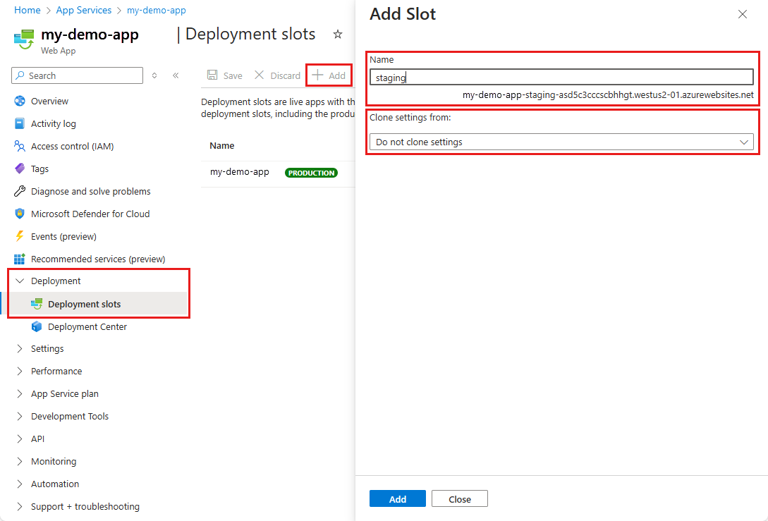 Screenshot that shows selections for configuring a new deployment slot called 'staging' in the portal.