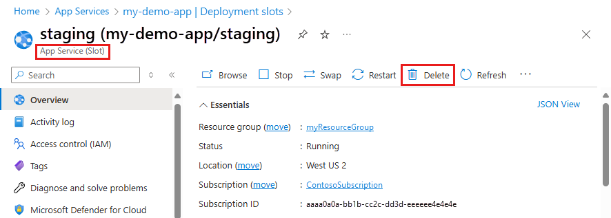 Screenshot that shows selections for deleting a deployment slot in the portal.