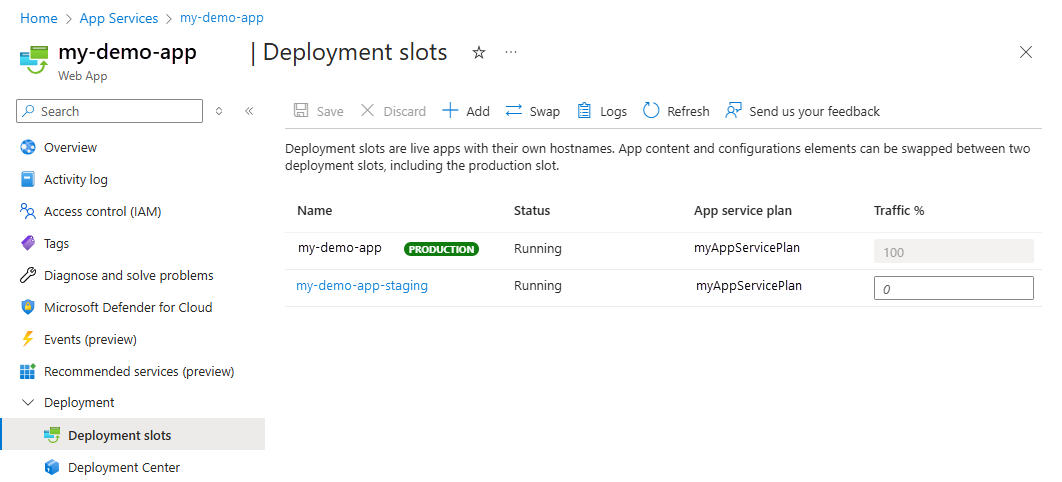 Screenshot that shows how to open a deployment slot's management page in the portal.