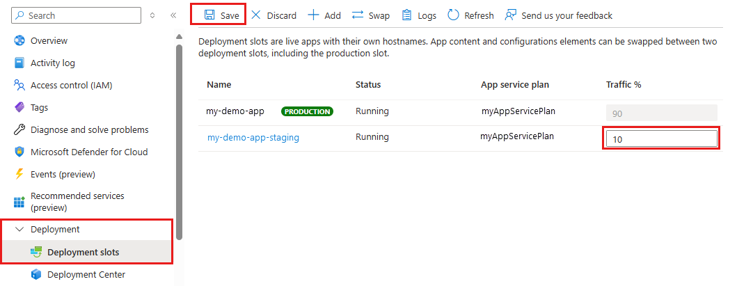 Screenshot that shows portal selections for routing a percentage of request traffic to a deployment slot.