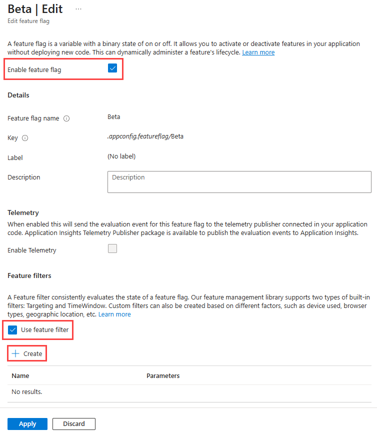 Screenshot of the Azure portal Edit feature flag dialog. The Create button and the Enable feature flag and Use feature filter options are highlighted.