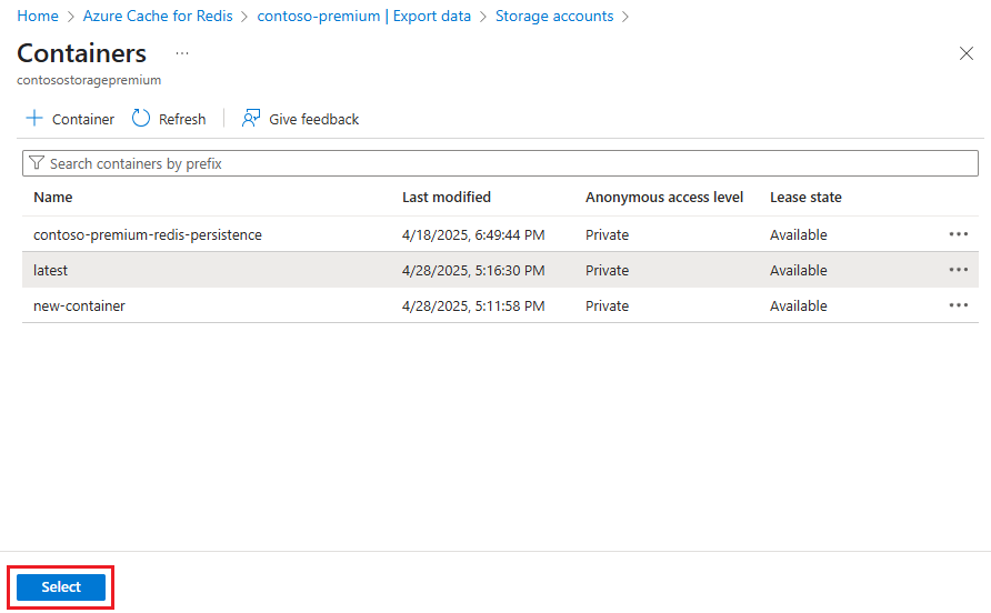 Screenshot showing the selected storage container and Select button.