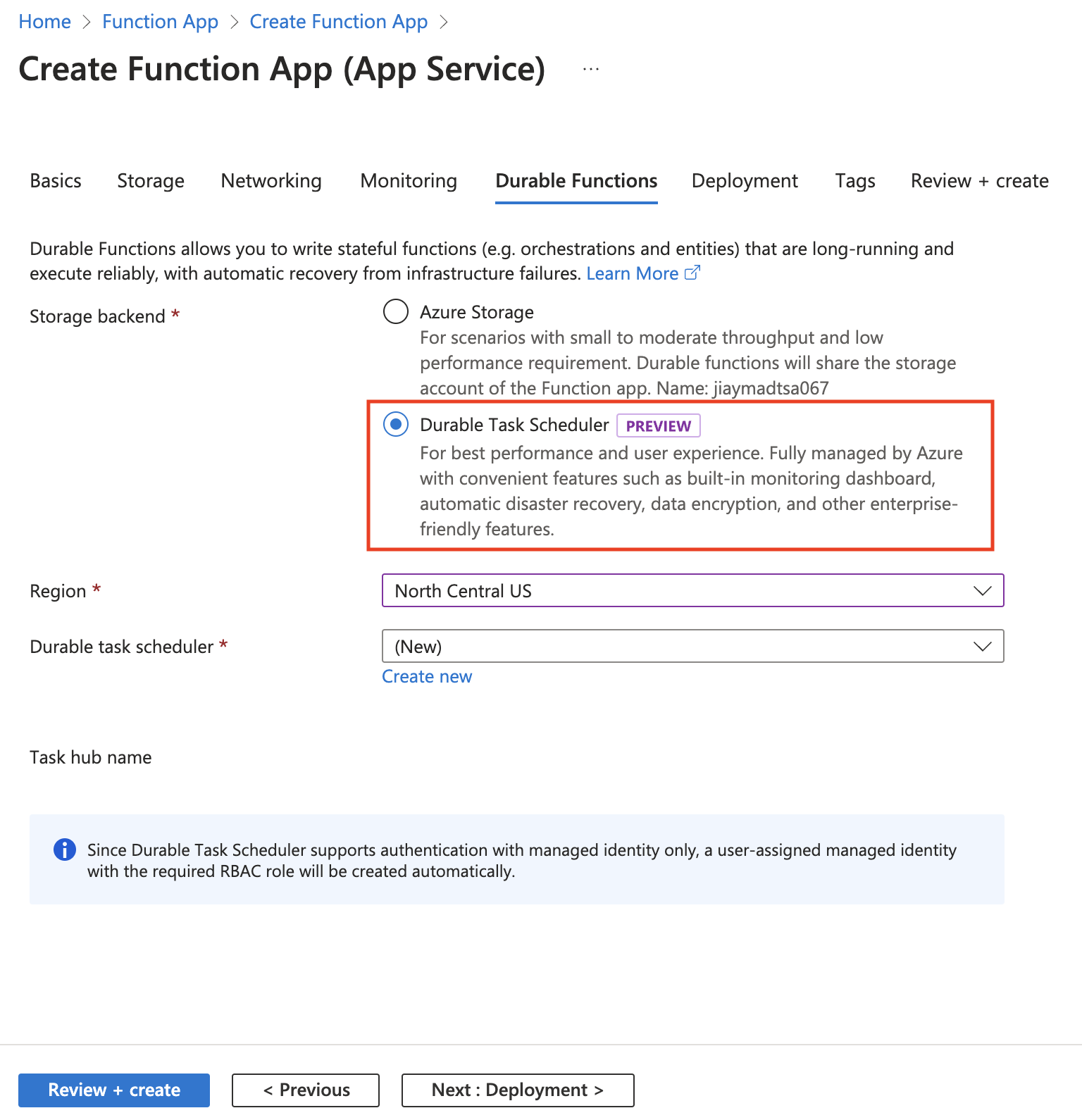 Screenshot of creating an App Service plan Function app.