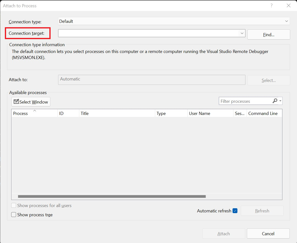 Screenshot that shows the attach to process dialog box.