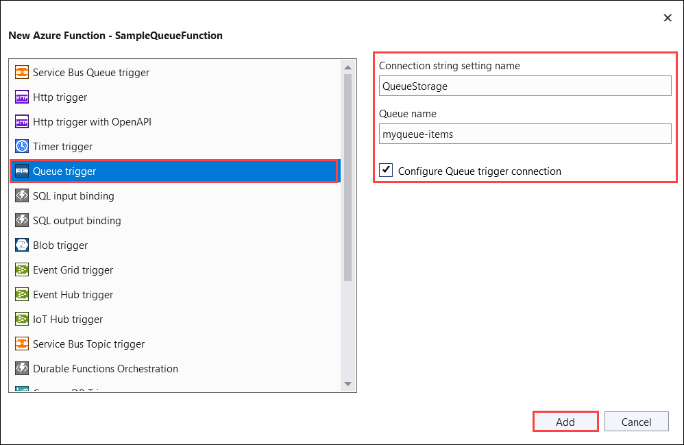 Screenshot that shows the setting to create a Queue storage trigger function.