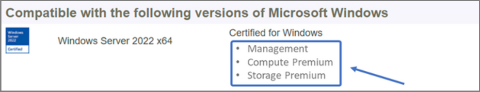 Screenshot shows 'Certified for Windows' qualifications, including Management, Compute Premium, and Storage Premium features.