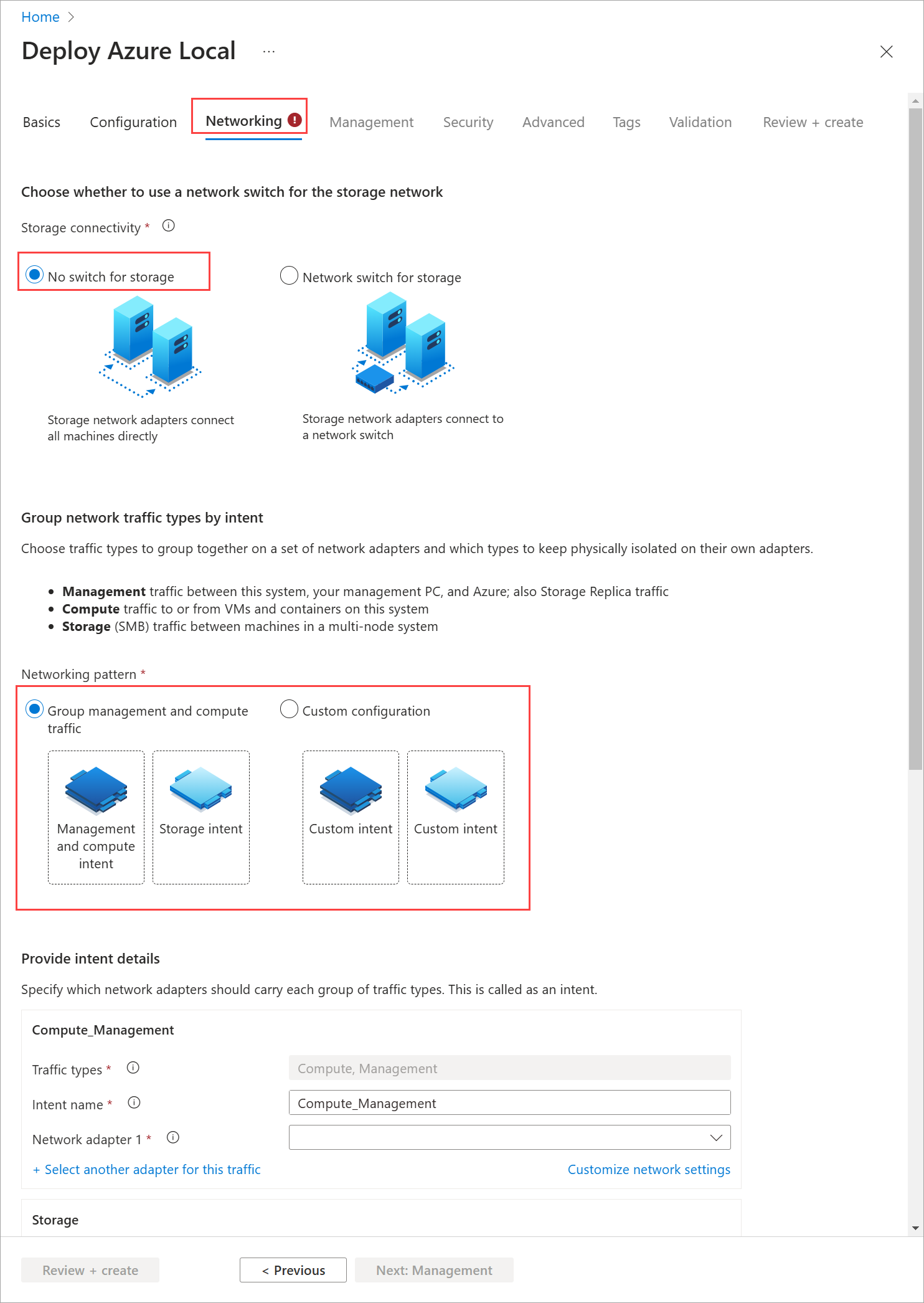 Screenshot of the No switch option selected on the Configuration tab in deployment via Azure portal.