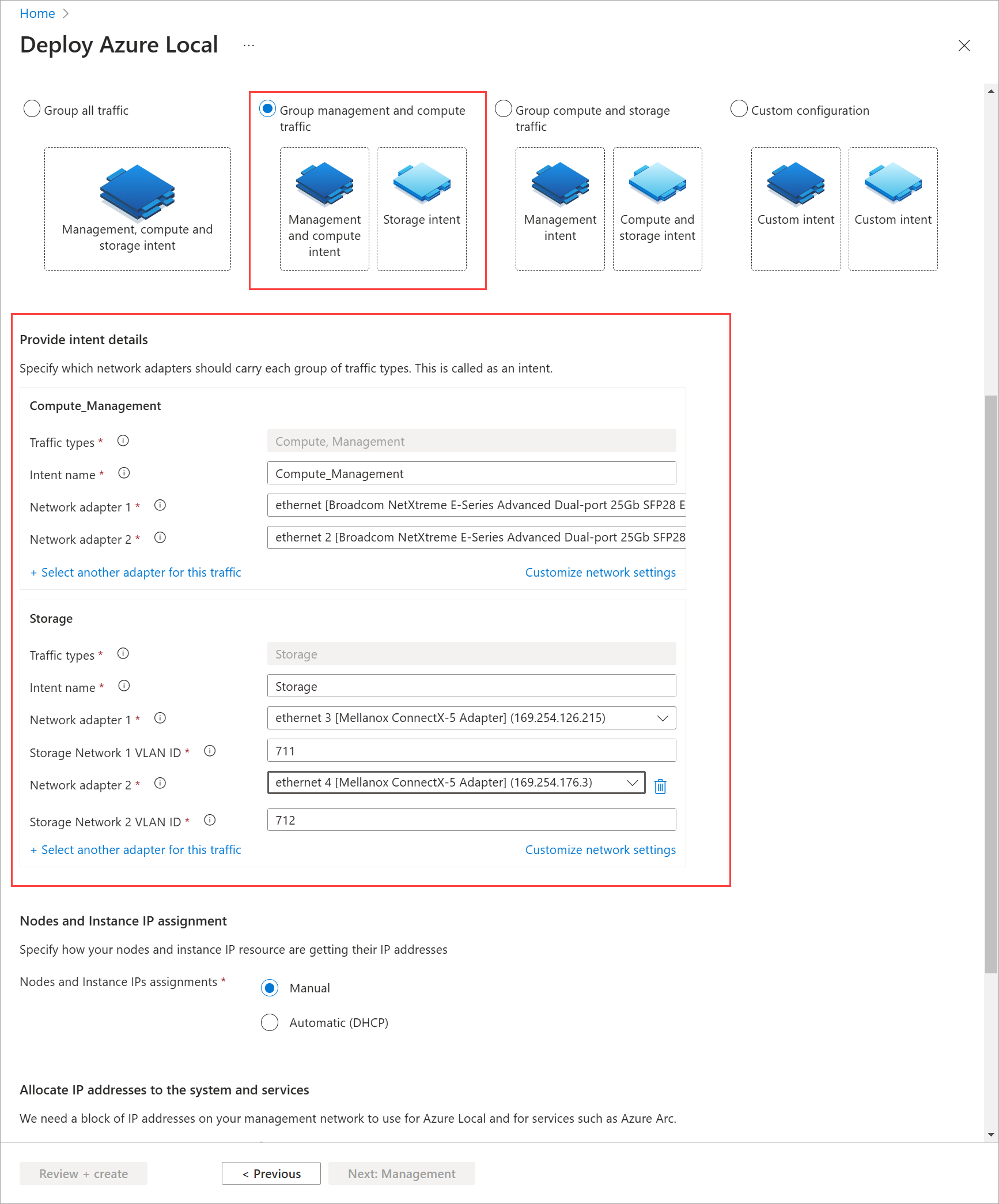 Screenshot of the Networking tab with network intents in deployment via Azure portal.