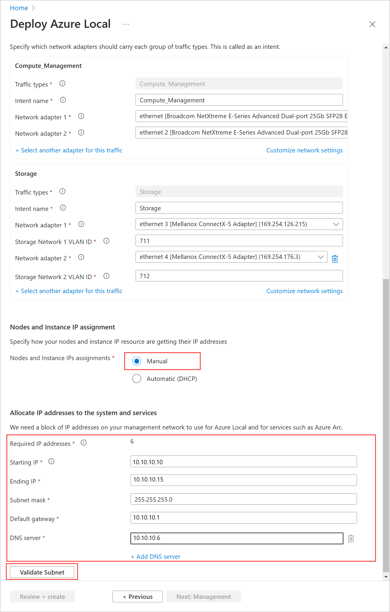 Screenshot of the Networking tab with IP address allocation to systems and services in deployment via Azure portal.