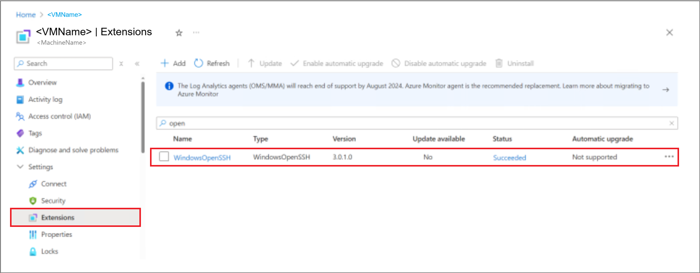 Screenshot of Azure portal Extensions list view.