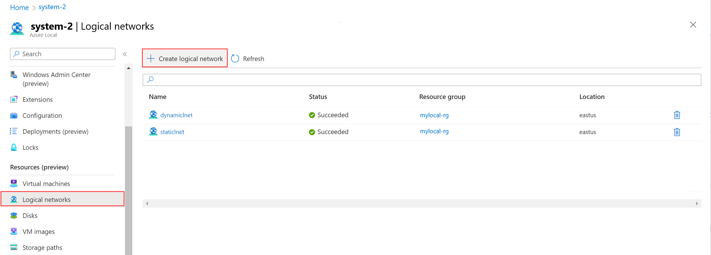 Screenshot showing logical network creation link.