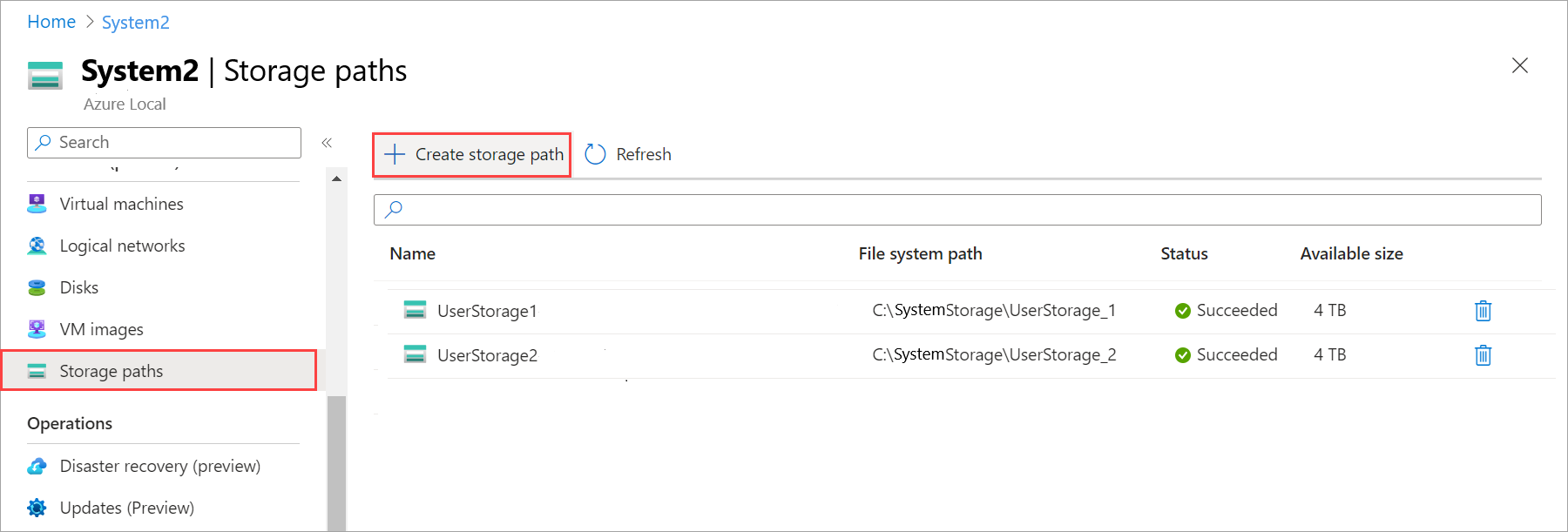 Screenshot of select + Create storage path.