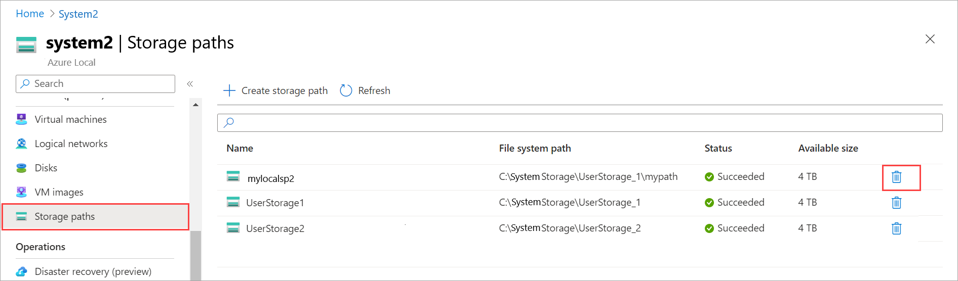 Screenshot of delete icon selected for the storage path to delete.