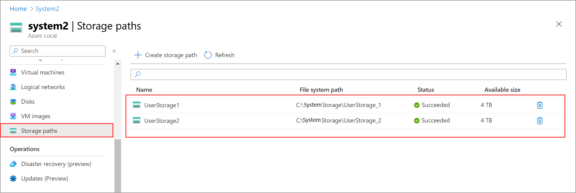 Screenshot of updated storage path list after the deletion.